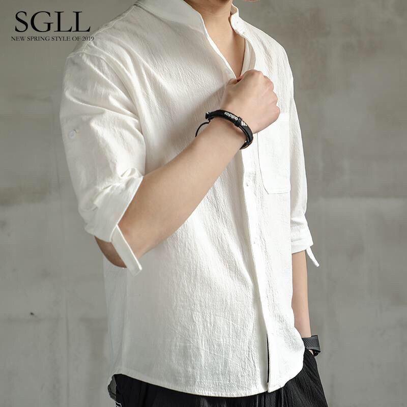 Camisa de lino para hombre, manga corta de verano, camisa blanca muy hada, chaqueta de media manga de algodón y lino de estilo chino suelto, chaqueta de hombre