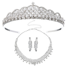 歐美新款新娘頭飾水晶皇冠項鏈耳環三件套結婚配飾品首飾套裝皇冠