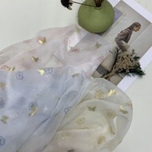 烫金花朵蝴蝶真丝皱雪纺布料 半透撒金碎花面料 汉服连衣裙防晒衫