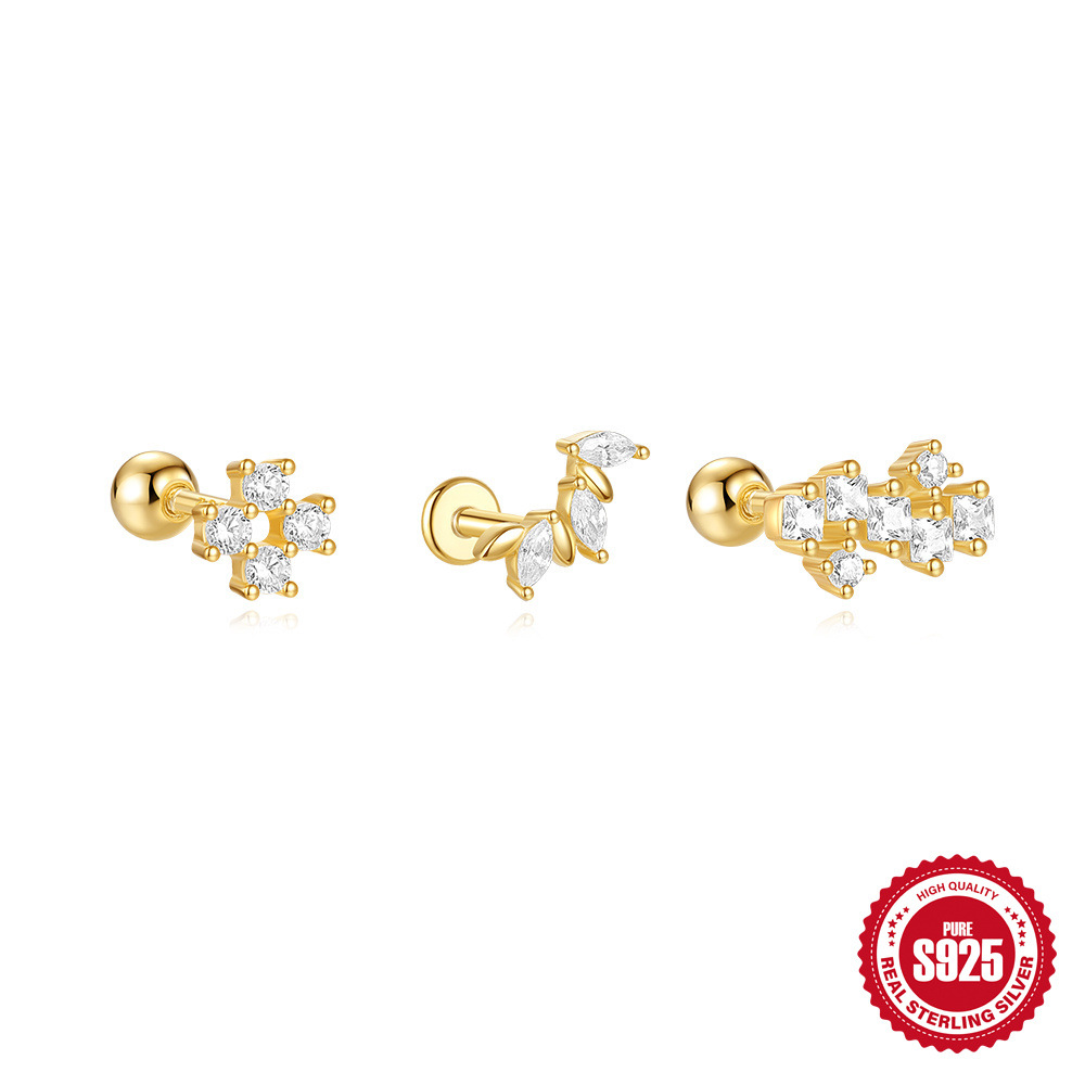 Pendientes de moda de diamantes con flores simples de plata pequeña S925