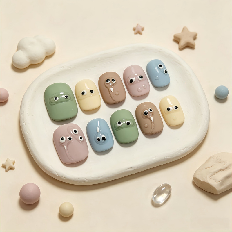 Cartoon macaron dopamine nail art, hand-painted, purely handmade, short detachable matte press-on nails