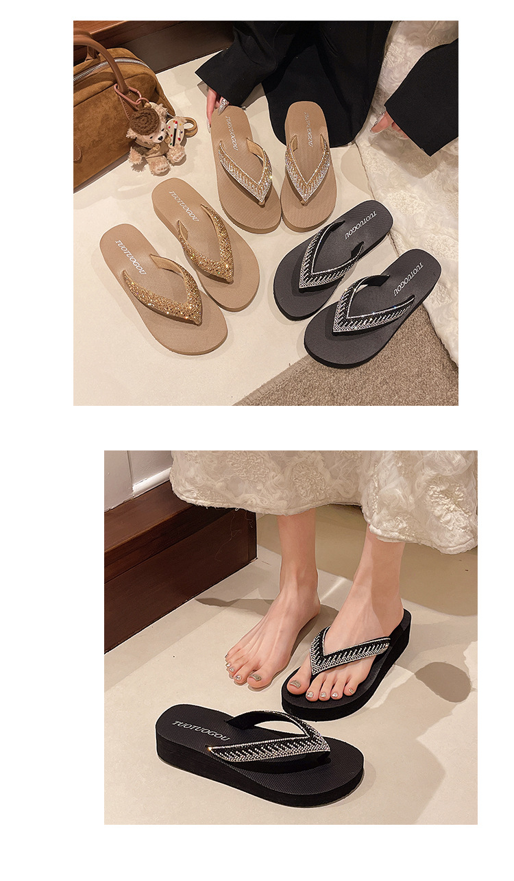 Women's Rhinestone Mid-heel Sandals Square Toe Outdoor Slippers_voghion.com