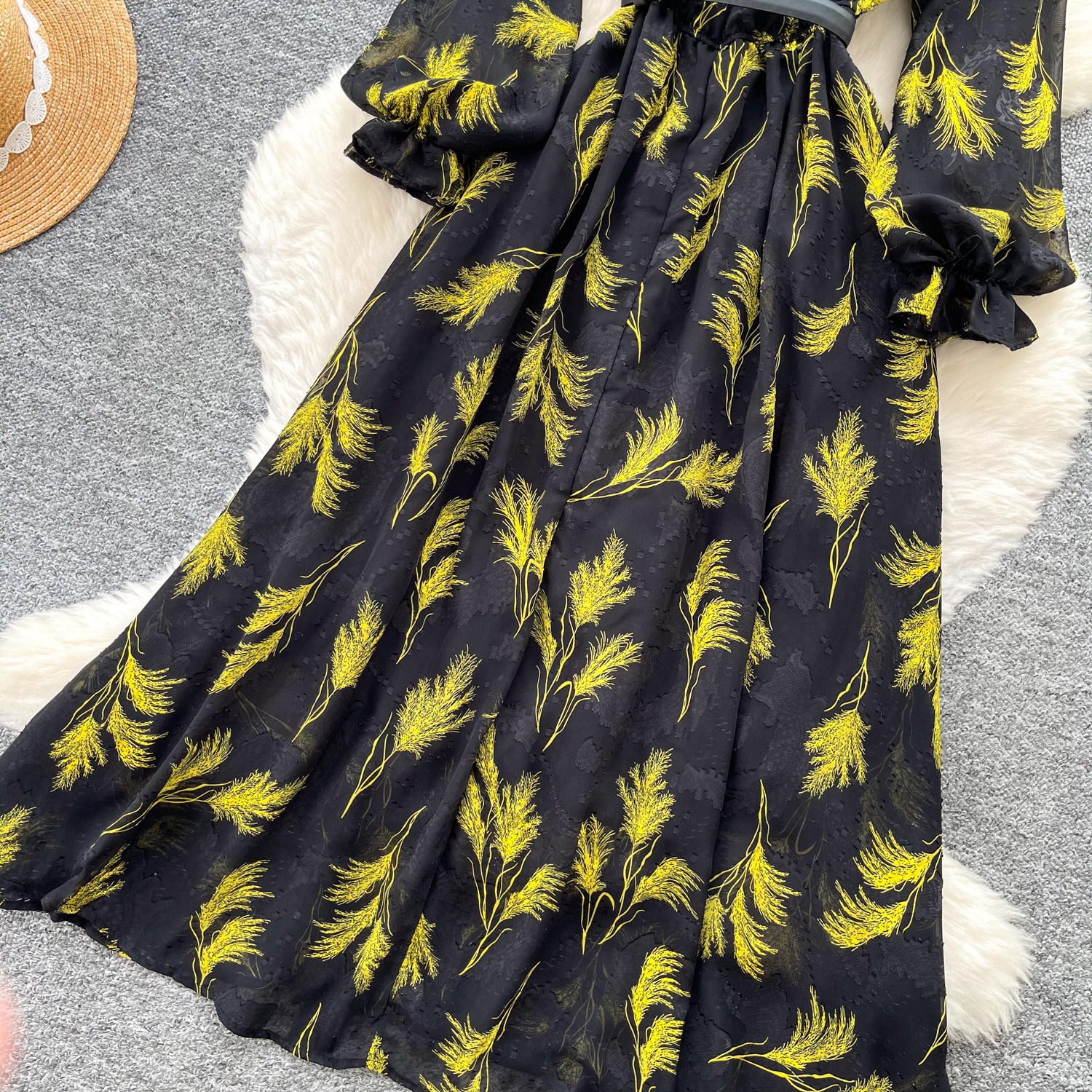 Retro Print Stand Collar Long Sleeve Dress Korean Style Slim Fit Waist Cinching A Line Elegant Long Dress For Women Summer Commuting_ecoleips.com