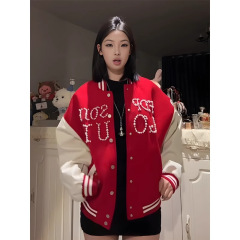 アメリカンレトロ刺繍ビーズ野球ジャケット男性と女性のための初春の新しいヘビージャケットカップルルーズコントラストカラートップ