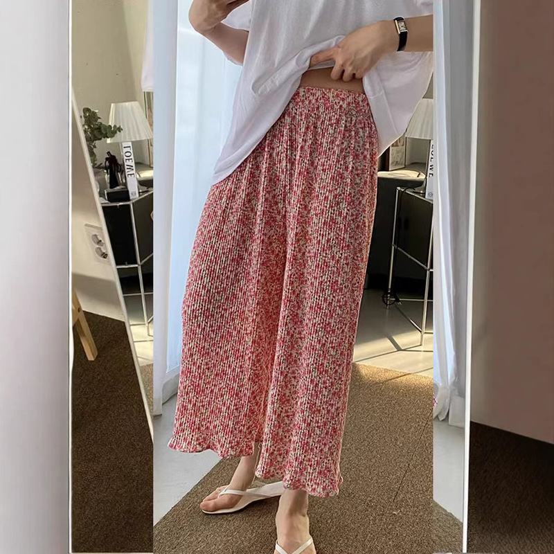 Pink Floral Pleated Pants High Waist Draped Wide Leg Pants for Women 2025 Summer New Ice Silk Pleated Casual Pants
