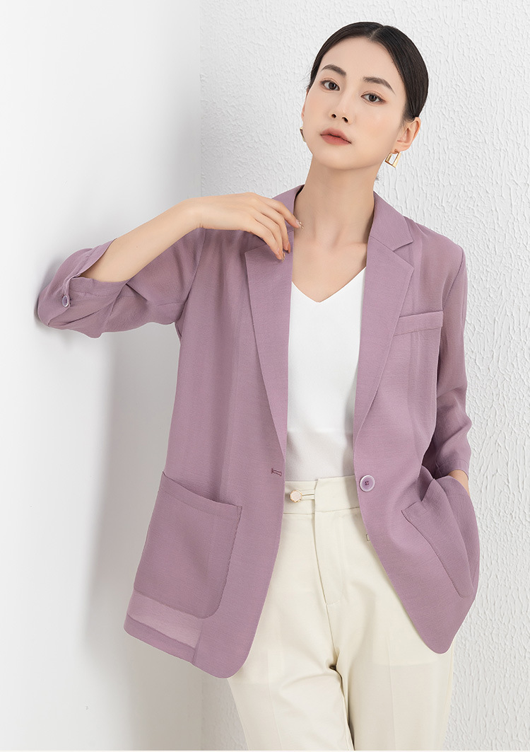 Áo blazer nữ tay lửng vải Tencel tím nhạt mỏng nhẹ — Màu tím chi tiết 1