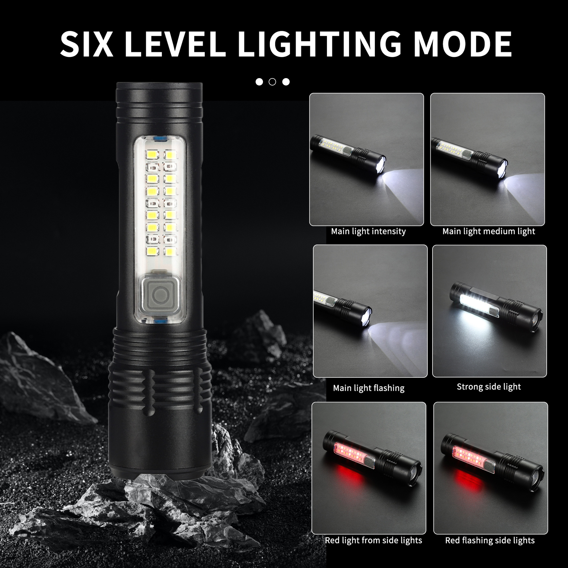 Transfronterizo nueva linterna de luz intensa láser blanco linterna multifuncional al aire libre Tpye-C recargable COB luz lateral zoom