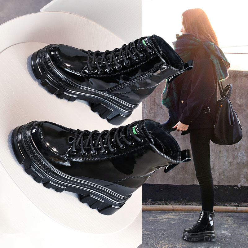 Boot nữ da sáng chế đế dày ống ngắn phong cách Anh — Màu đen
