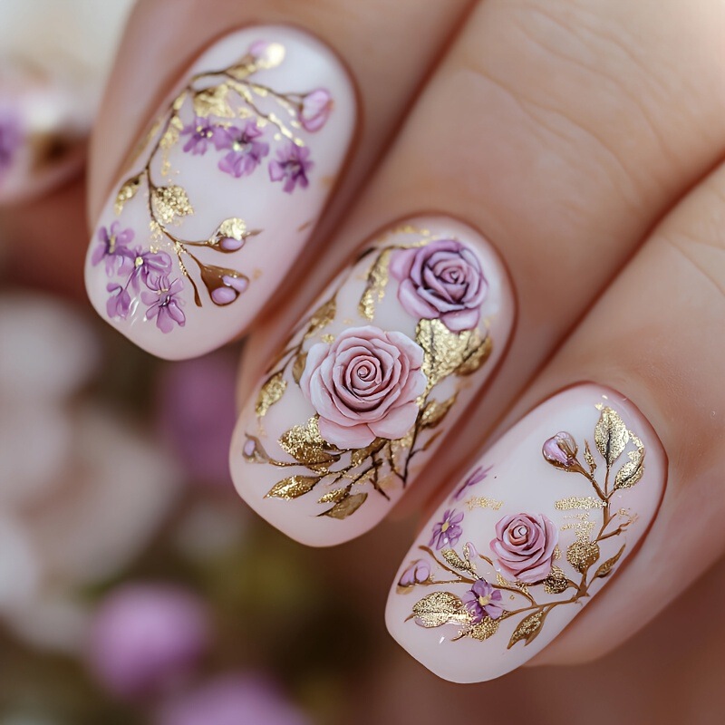 Pink Roses and Violets Floral Pattern Design Easily Create Perfect Nail Styling Inspire Fashion Temperament
