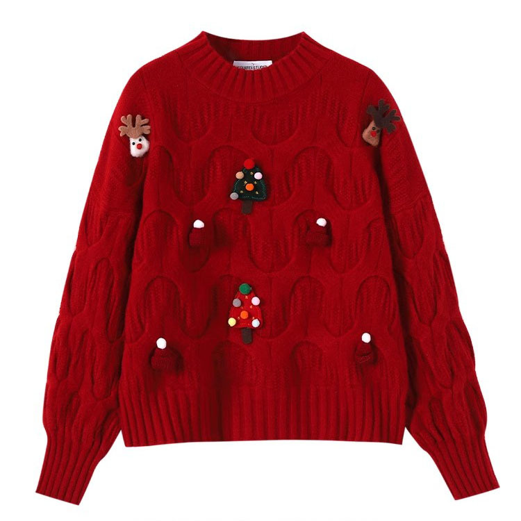 Suéter de punto holgado y versátil de estilo informal para mujer, con diseño navideño rojo, que rejuvenece, novedad de otoño e invierno de 2024
