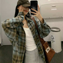 美式复古格子衬衫女2025新款春秋薄款设计感宽松长袖衬衣上衣外套