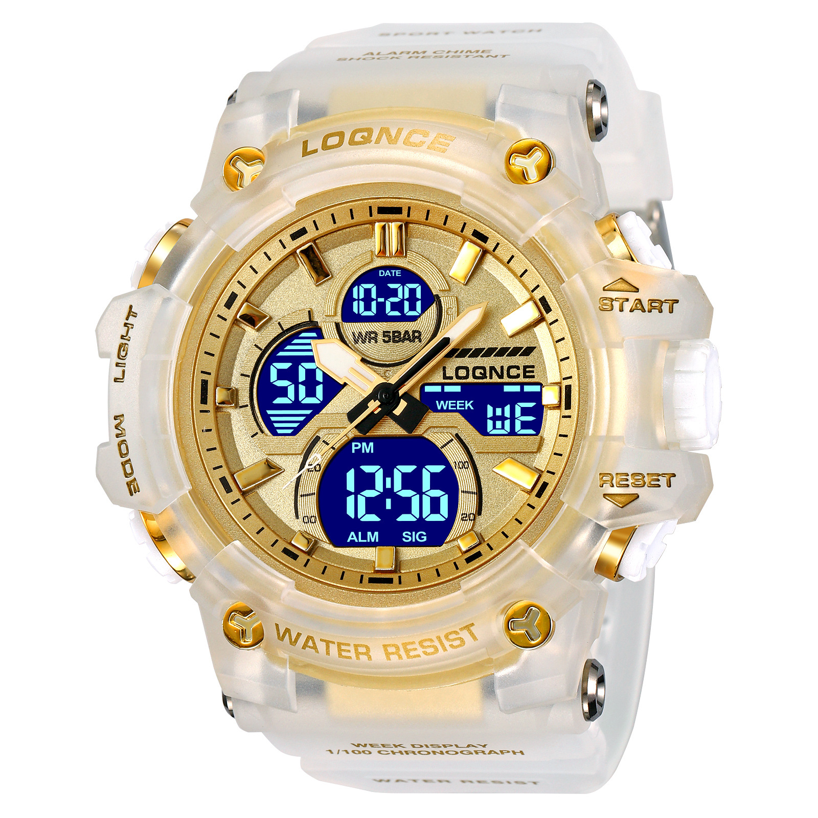 LOQNCE gran dial reloj deportivo nocturno electrónico multifunción cronógrafo cinta adhesiva reloj de pulsera 98007