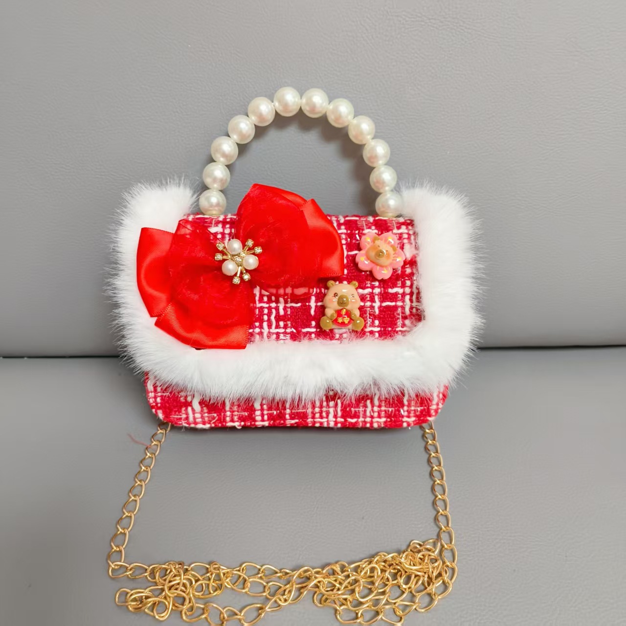 Cartera de Año Nuevo rojo, bolso de perlas, arco de arco, bolso de mano, cadena de viento de fragancia, bolso de hombro pequeño