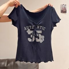 美式木耳边设计感蝴蝶结V领字母印花短袖T恤女夏季新款修身上衣潮