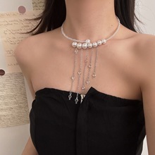 超仙珍珠流苏开口项圈小众甜酷满钻吊坠choker高级感锁骨链首饰品