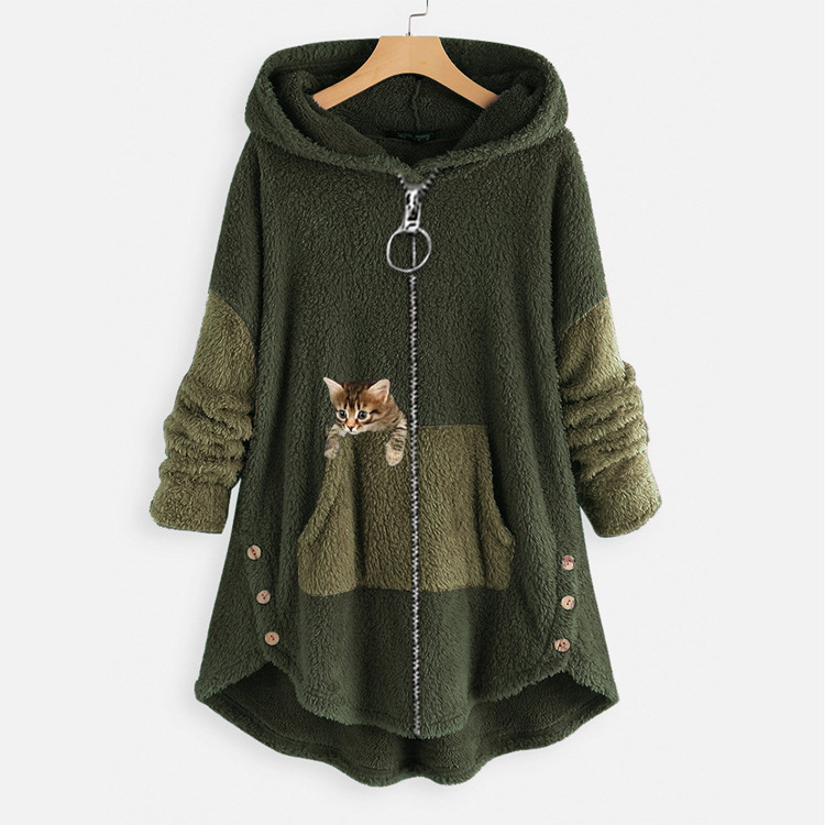 Fashion Cat Solid Color Cotton Blend Polyester Patchwork Coat Polar Fleece Coat display picture 1