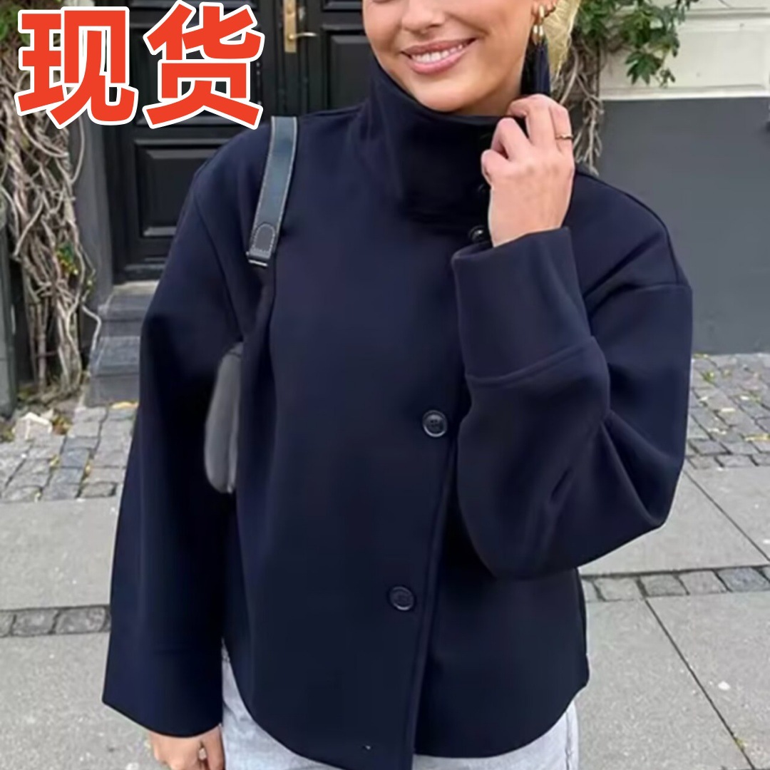 Cross-Border European and American Fashion Popular Women's Short Stand-Up Collar Single-Breasted Woolen Outwear Trendy Elegant Woolen Outwear for Women