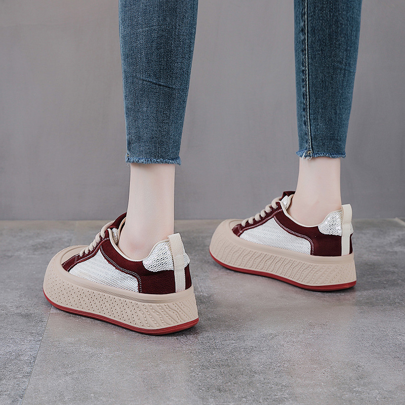 Giày sneaker nữ đế dày da thật lưới thoáng khí phối màu mũi to — màu đỏ