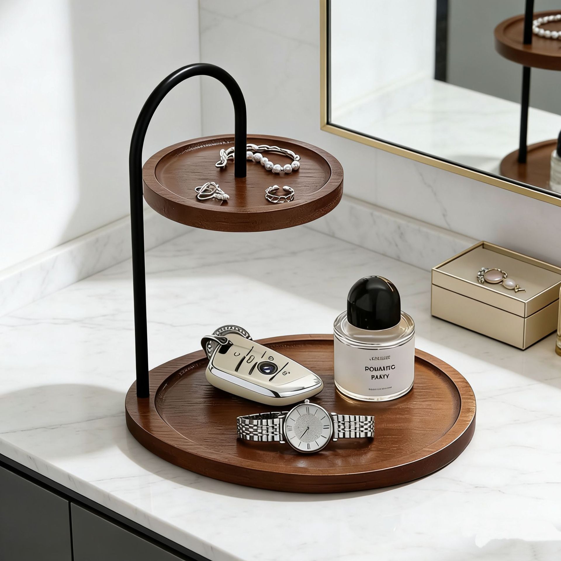Solid wood desktop double-layer storage rack entrance key cosmetics perfume storage rack jewelry sundries display tray