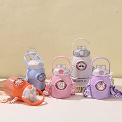 316不鏽鋼內膽保溫杯一鍵按壓彈蓋吸管杯帶提環斜掛便攜大肚水杯