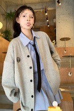 灰色韩系长袖卫衣棒球服女学院风外套春秋新款中长款领开衫上衣