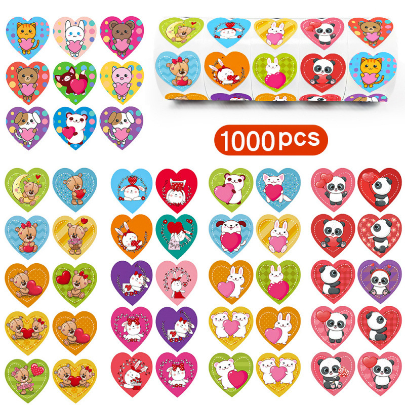 1000贴/件,1英寸，情人节爱心小动物贴纸，学校奖励标签贴纸