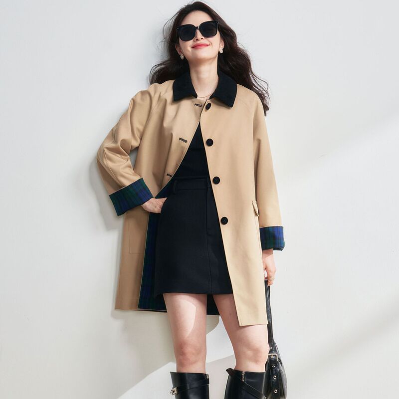 26 Autumn New Retro Color-Blocking Miu-Style Plaid Reversible Khaki Mid-Length Age-Reducing Trench Coat 25072 26 Autumn New Retro Color-Blocking Miu-Style Plaid Reversible Khaki Mid-Length Age-Reducing Trench Coat 25072