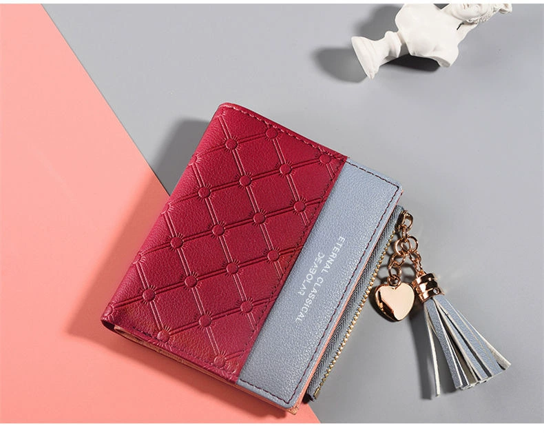 Short leather folding wallet, Korean style, contrasting stitching, zipper coin pocket, multi‑card
