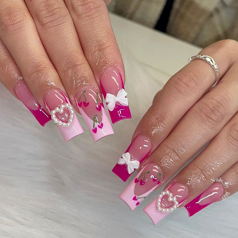Cross-Border European and American Style Press-On Nails, French Edge, Pink Cherry Bow, Heart-Shaped, Exquisite Nail Pieces, 24 Pieces
