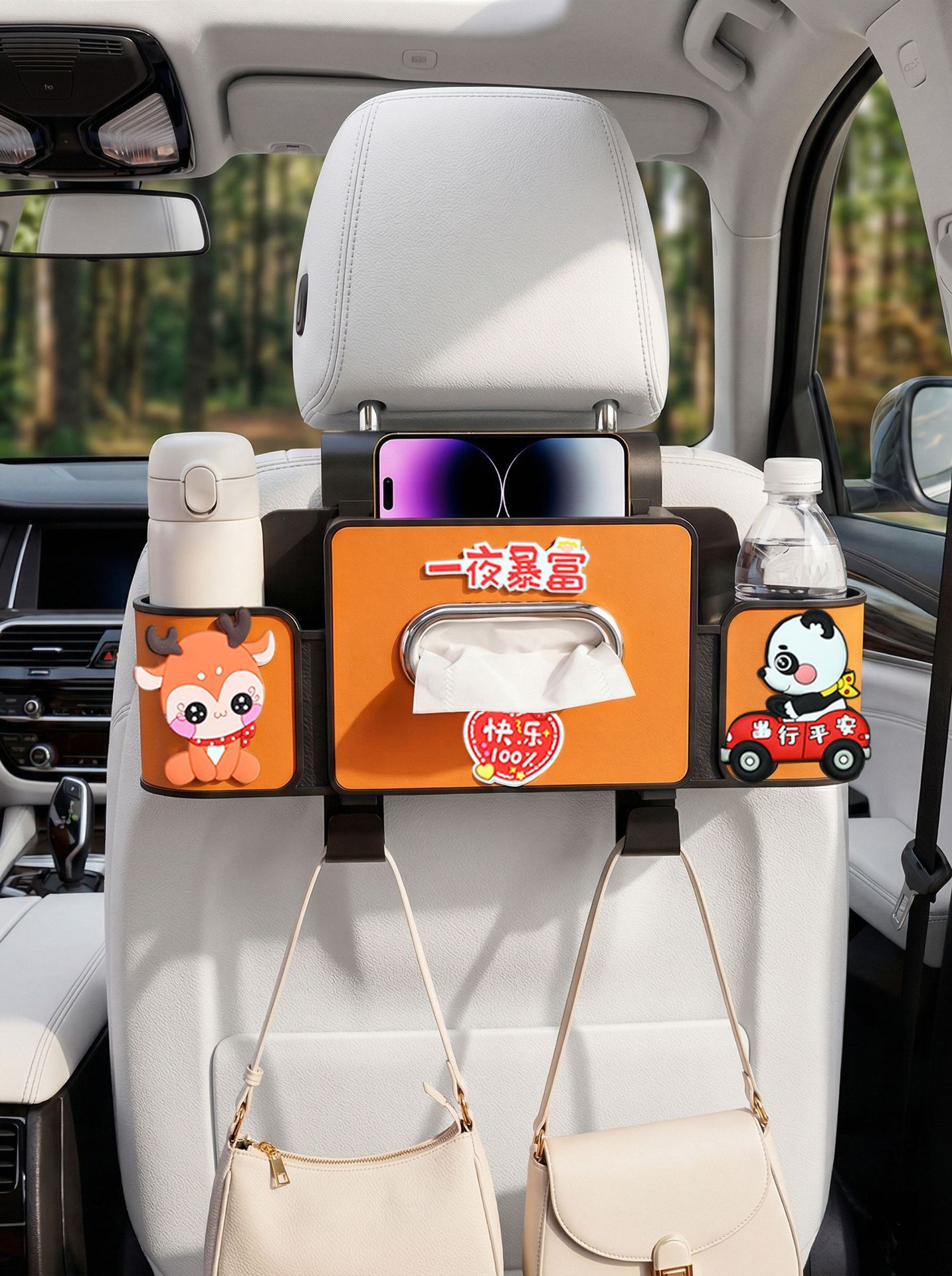 Car seat back storage box, cute cartoon design, multifunctional tissue box, phone holder, hanging rear seat storage box