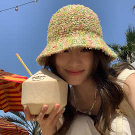 泫雅风彩色草帽女夏海边出游拍照防晒遮阳帽手工编织太阳帽沙滩帽
