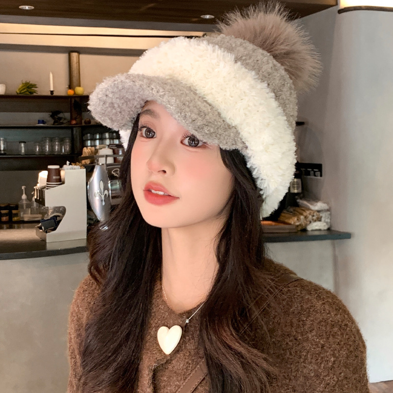 帽子女秋冬季可爱毛球加厚保暖毛绒帽韩系百搭鸭舌帽显脸小包头帽|undefined