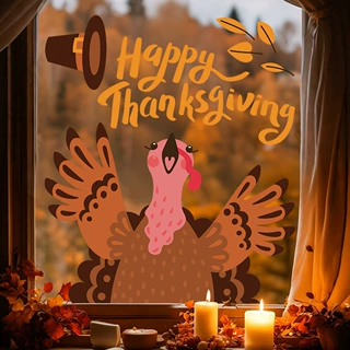 卡通礼帽火鸡静电贴批发HappyThanksgiving秋叶感恩节装饰PVC窗贴