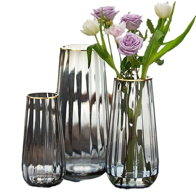 Nordicins minimalista creativo jarrón de vidrio a rayas verticales estampado de oro flor acuopónico flor ornamentos ornamentos