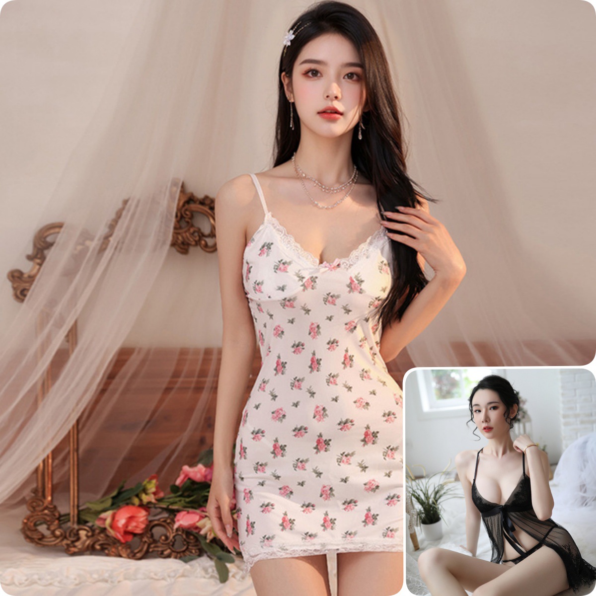 [인터넷 연예인 2종] 레이스 슬릿 나이트가운 + 인터넷 연예인 꽃무늬 스커트