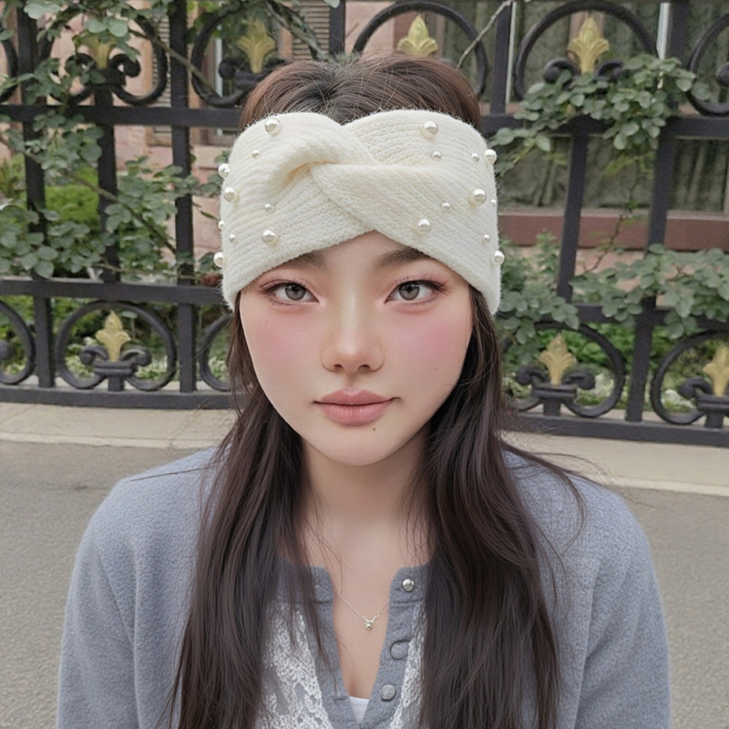 跨境珍珠交叉发带毛线针织护耳头带欧美束发带瑜伽发饰洗脸宽头套|undefined