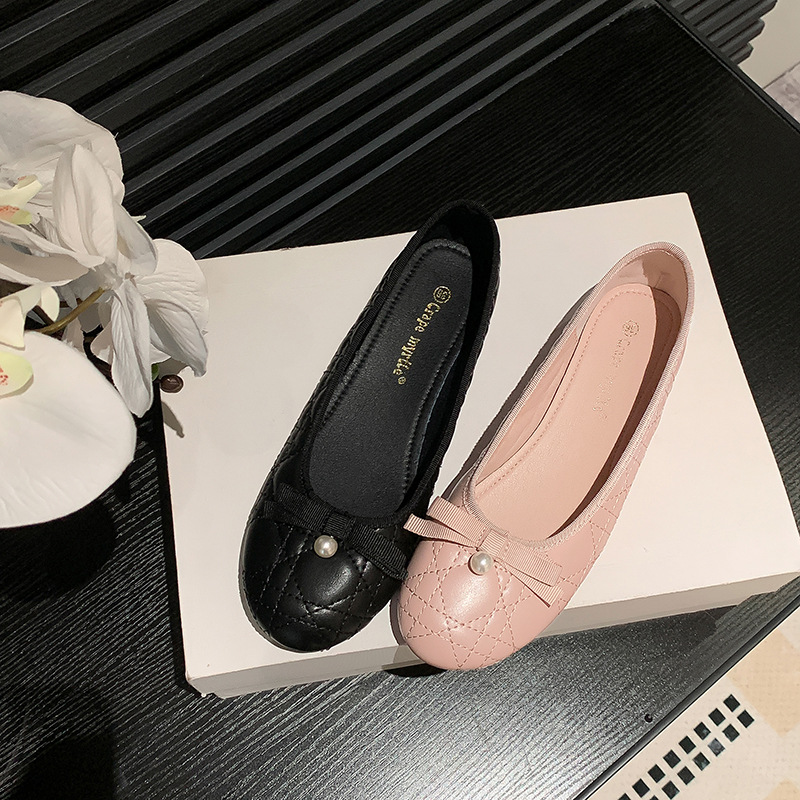 Su Yinyin mismo estilo señorita Huayang ~ dulce arco piel de oveja rombo perla zapatos planos zapatos de ballet para las mujeres