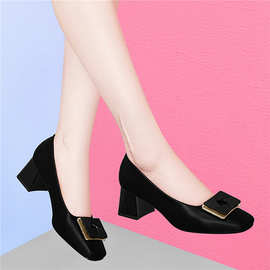 新款单鞋女2025秋冬季新款粗跟高跟鞋高级感方头黑色工作鞋百搭