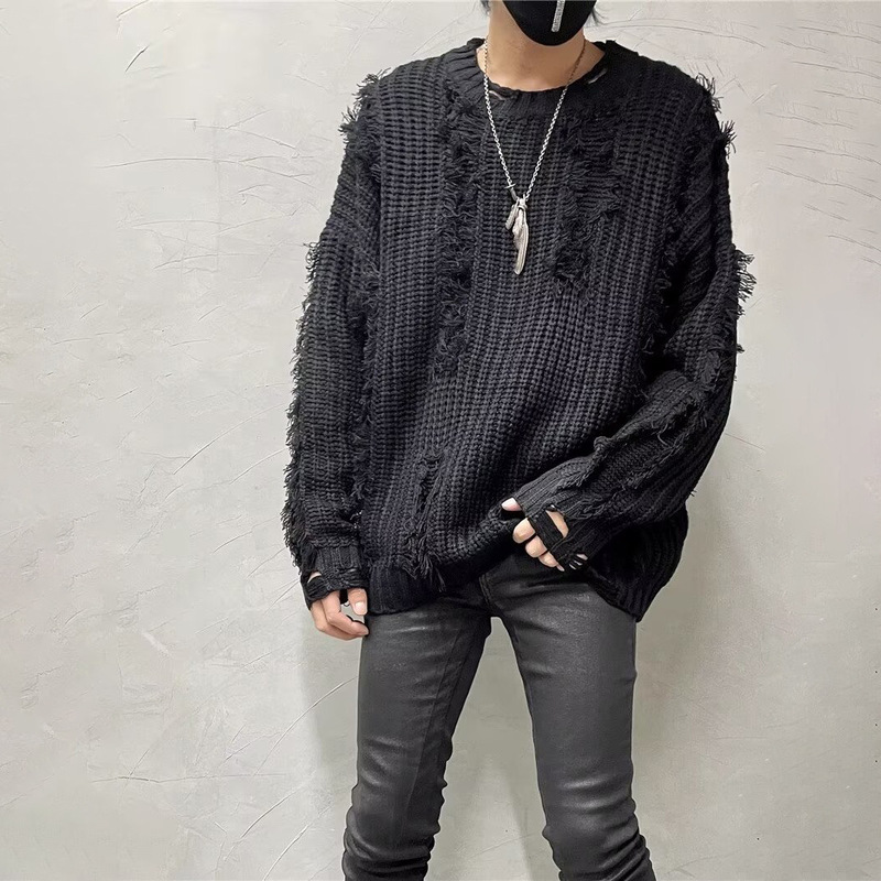 Rough Tassel Coarse Twist Trendy Brand Sweater Men's Autumn and Winter American Style High Street Lazy Loose Casual Sweater Top