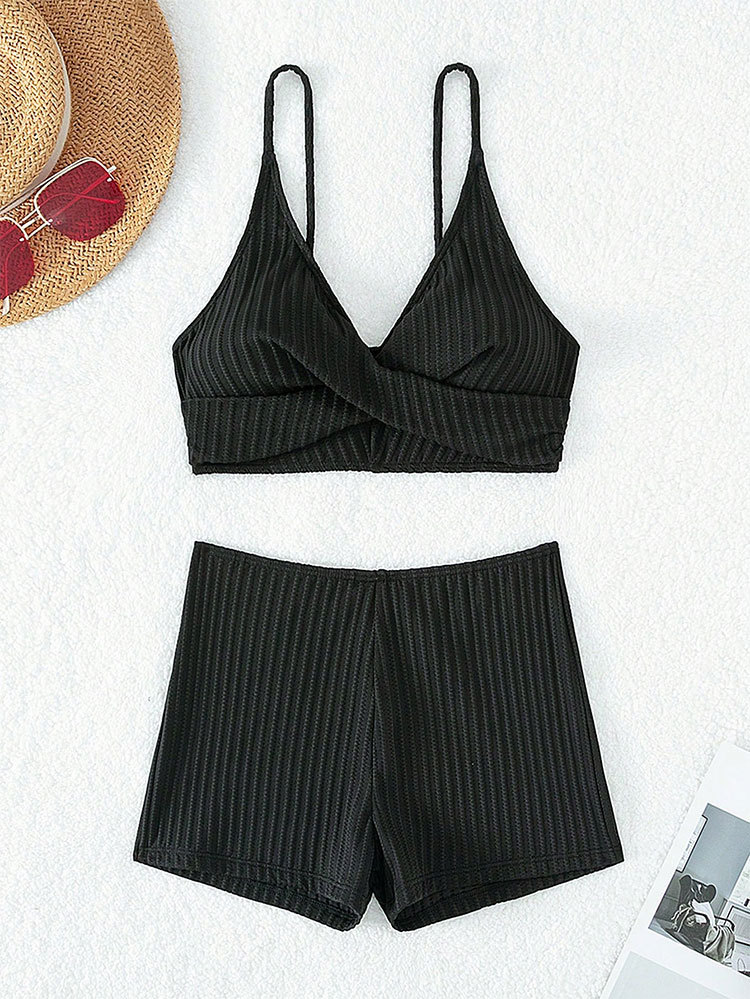 2024 Sommer Neue Hot Spring Bikini Split Badeanzug Solide V-Ausschnitt Sport Style Tankini Damen Edition_voghion.com