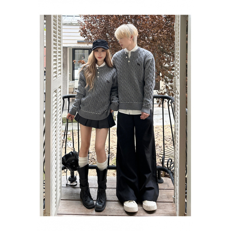 2026 Autumn/Winter Couple's Henley Collar Cable Knit Sweater, Loose Fit, College Style Long Sleeve Pullover #