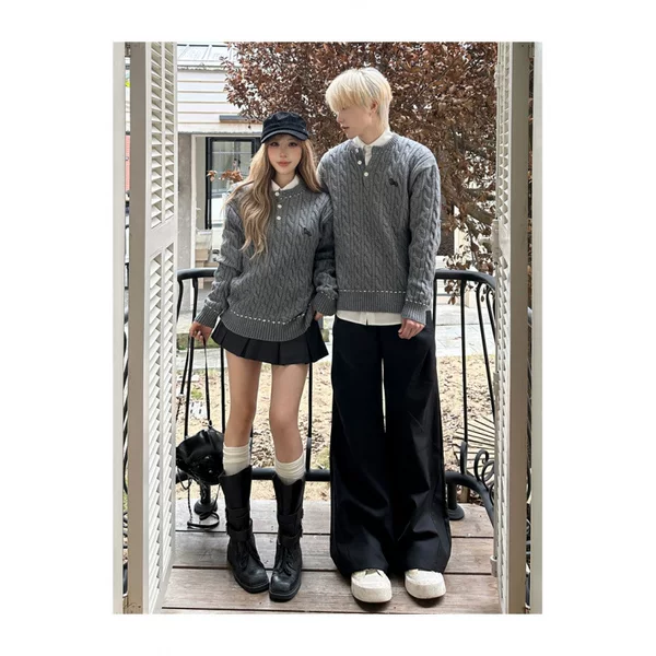 2026 Autumn/Winter Couple's Henley Collar Cable Knit Sweater, Loose Fit, College Style Long Sleeve Pullover #