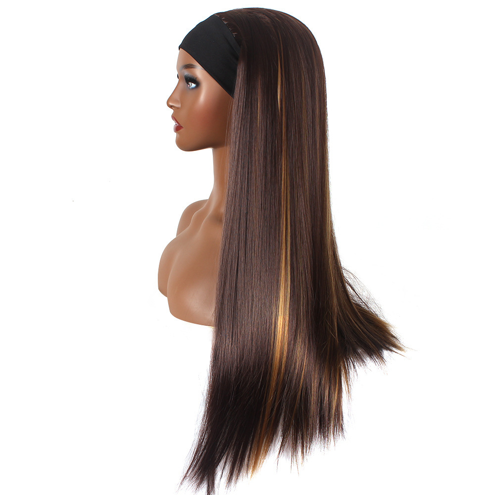 Black Long Straight Hair Wig Fully Machine Made European American Style Ice Silk Headband Synthetic Fiber_voghion.com