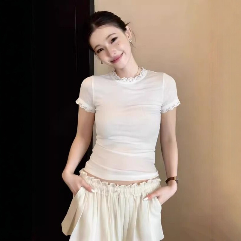 【Lyocell Snowflake Cotton】Summer Thin Korean Style Women's Top with Lace Trim and Back Buttons Slim Fit Short Sleeve T-Shirt