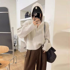 セーターのカーディガンのデザイン感のあるファスナーと帽子のコートの女性がゆったりしています。