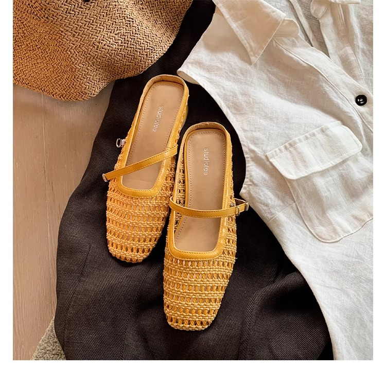 Grape Mom studiolee retro tejido cuadrado hueco cabeza de una palabra con sandalias de tacón grueso Muller media pantuflas mujer verano