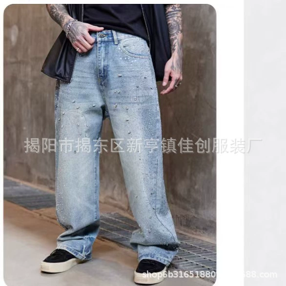 Мужские модные свободные прямые широкие джинсы в стиле американского ретро 2025 года с эффектом потертости и стразами
