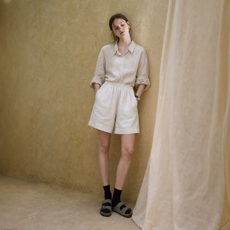 Linen elastic waist shorts, knee-length pants, breathable linen elastic waist white shorts for women, thin cotton for summer outdoor wear Linen elastic waist shorts, knee-length pants, breathable linen elastic waist white shorts for women, thin cotton for summer outdoor wear