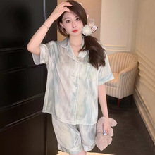夏季韩版水墨画冰丝睡衣女开衫甜美风短袖短裤套装家居服可外穿女