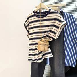 撞色条纹圆领飞飞袖T恤女夏季2025新款宽松韩版百搭正肩短袖上衣